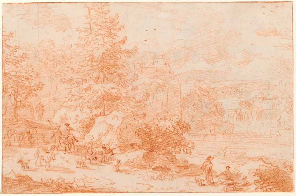 Northern Landscape Fantasy Evoking Tivoli, by Nicolaes Pieterszoon Berchem, chalk, 1664