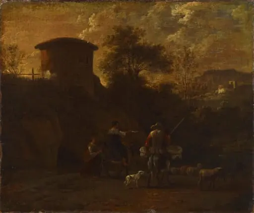 Rauniomaisema ja karjaa paimentava perhe, by Nicolaes Pieterszoon Berchem