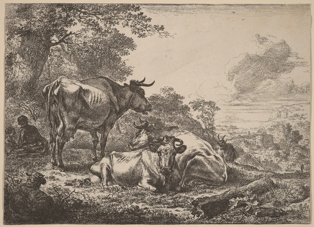 Resting Cows, by Nicolaes Pieterszoon Berchem, ink, 1652