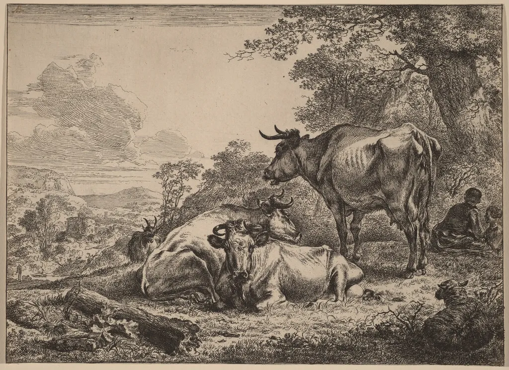 Resting Cows, by Nicolaes Pieterszoon Berchem, ink, 1652