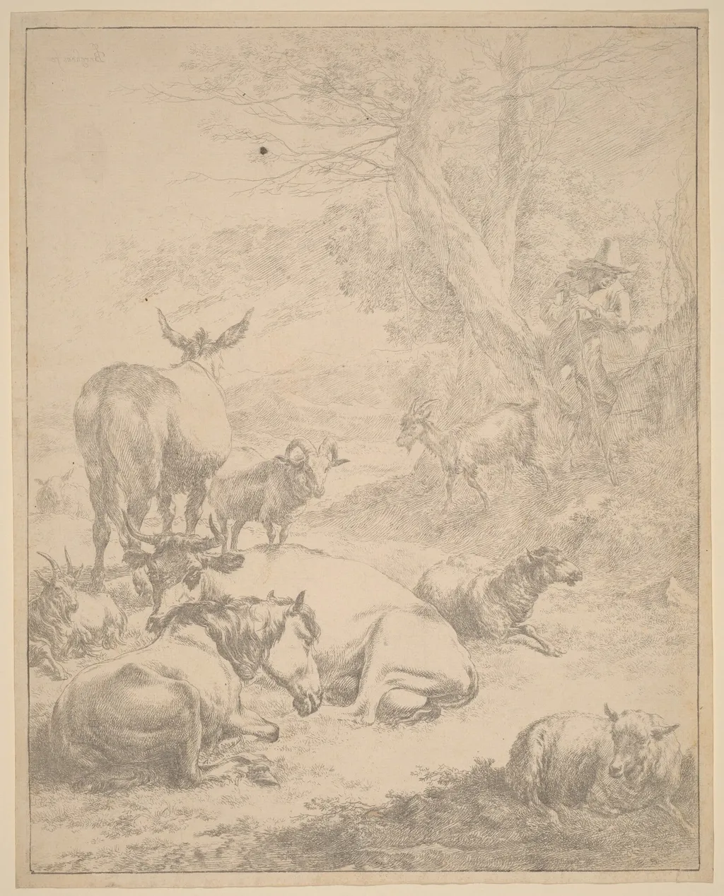Resting Herd, by Nicolaes Pieterszoon Berchem, ink, 1652