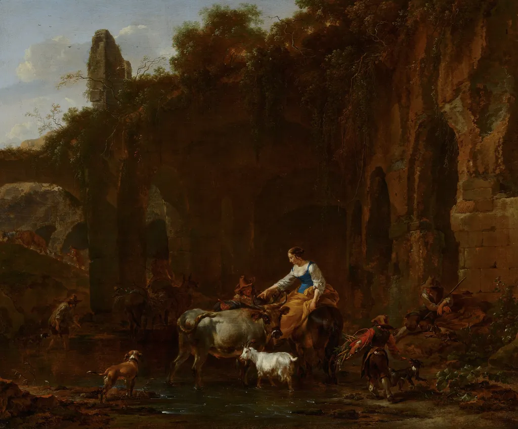 Shepherds beside Roman ruins, by Nicolaes Pieterszoon Berchem, oil, 1661
