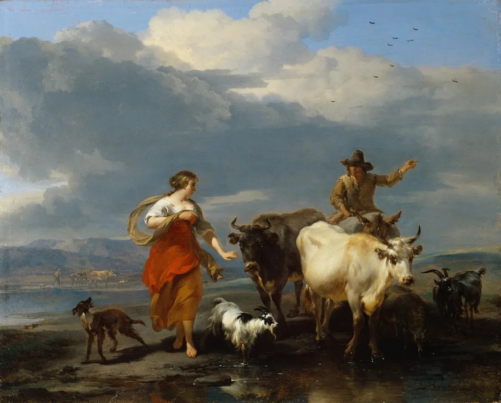 Southern Landscape with Shepherdess and Mule-rider at a Ford, by Nicolaes Pieterszoon Berchem, oil, 1672