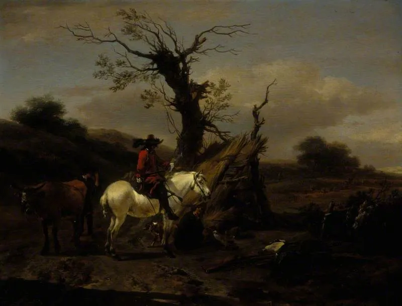 The Bird Trap: Encampment with a Figure on a White Horse, by Nicolaes Pieterszoon Berchem, oil, 1645