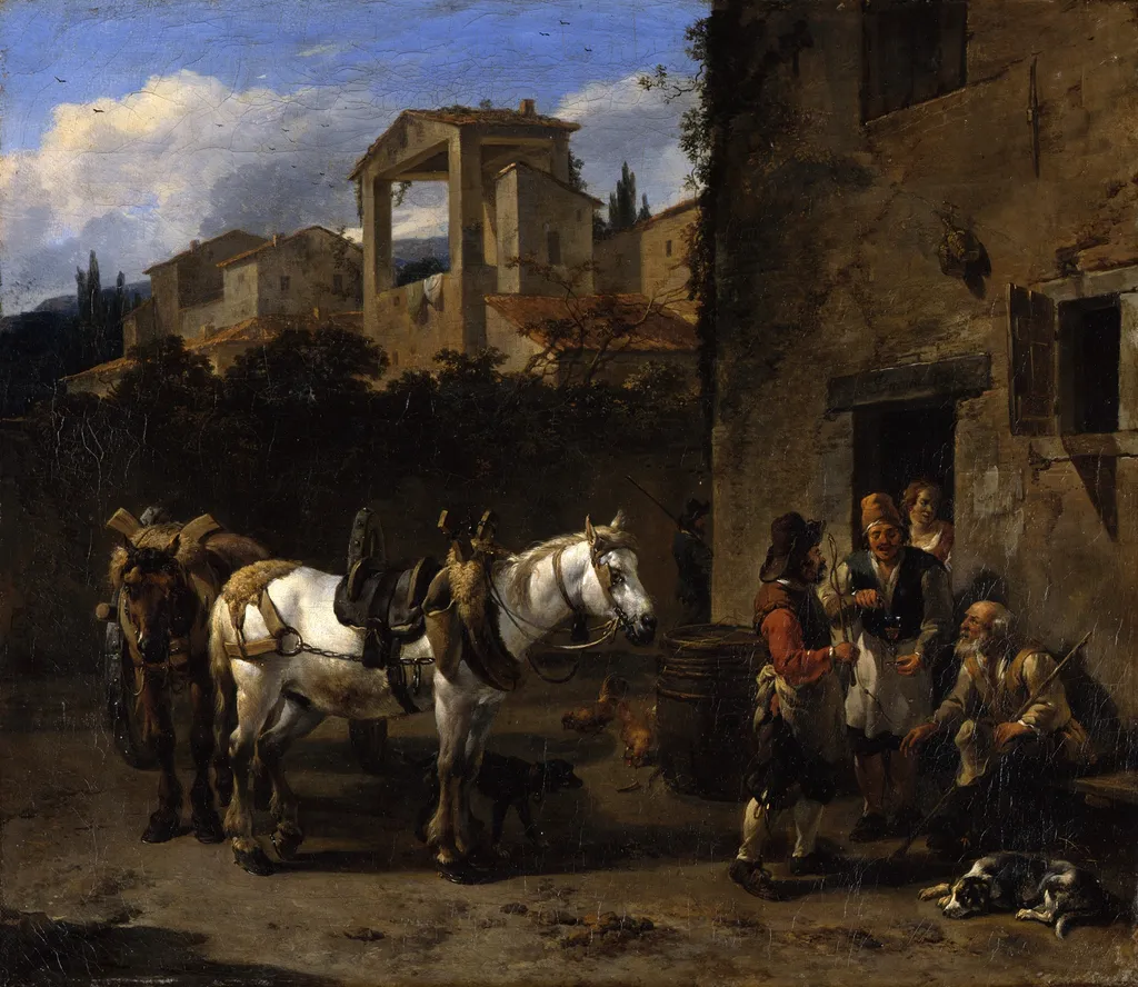 The Halt at the Inn, by Nicolaes Pieterszoon Berchem, oil, 1665