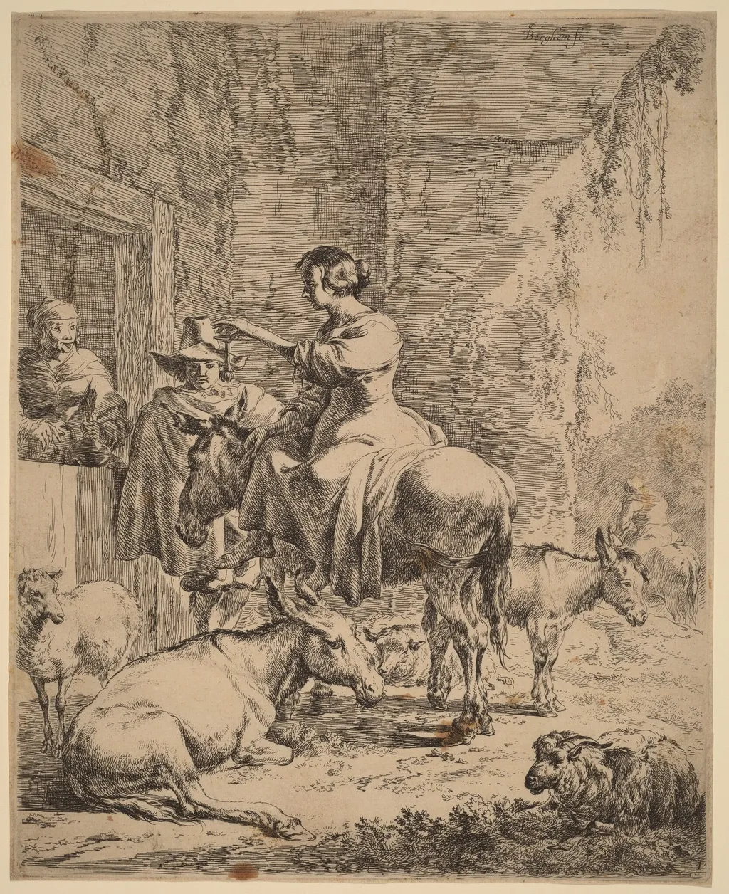 The Rest before the Inn, by Nicolaes Pieterszoon Berchem, ink, 1652