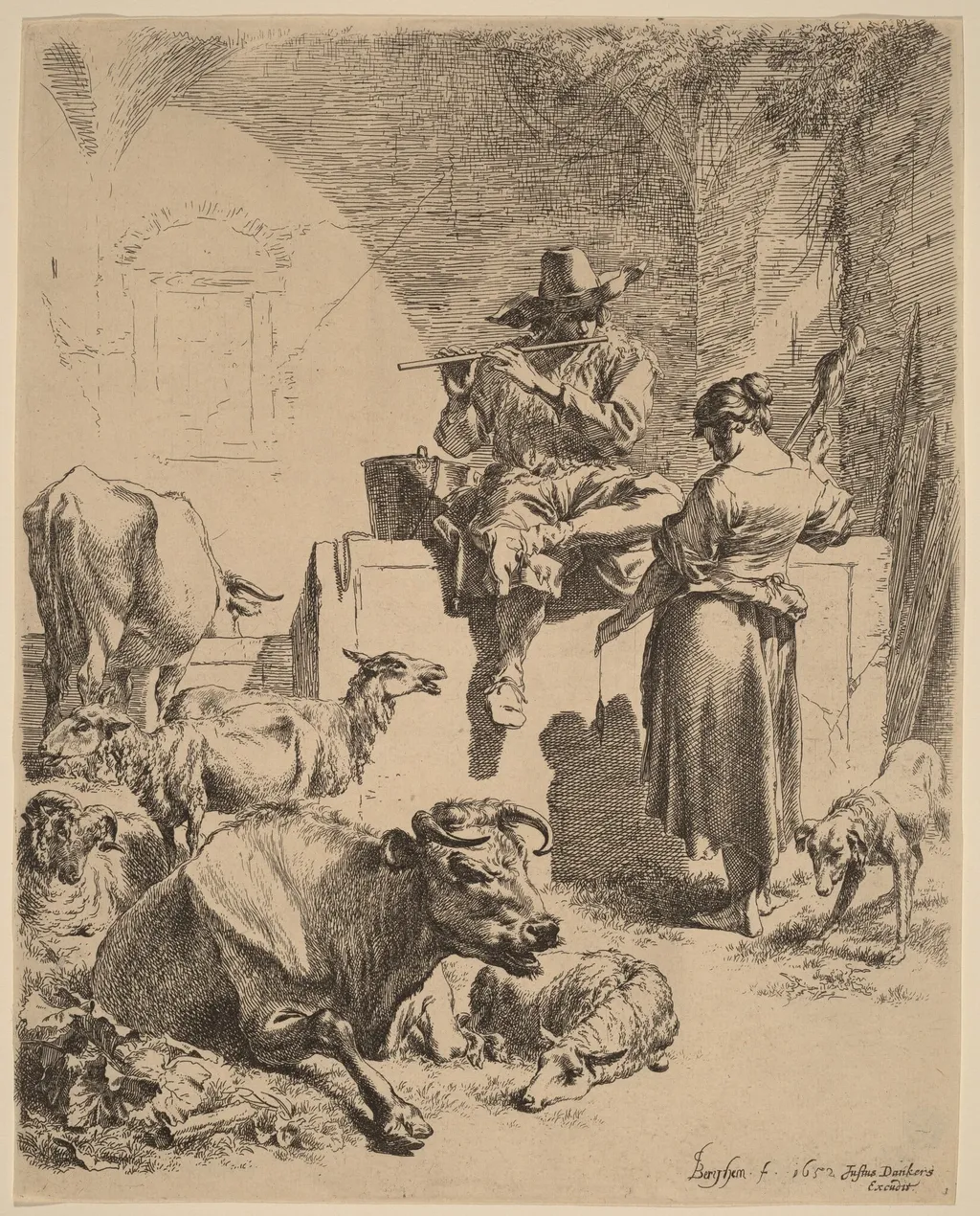 The Shepherd Seated on a Fountain and the Spinner, by Nicolaes Pieterszoon Berchem, ink, 1652