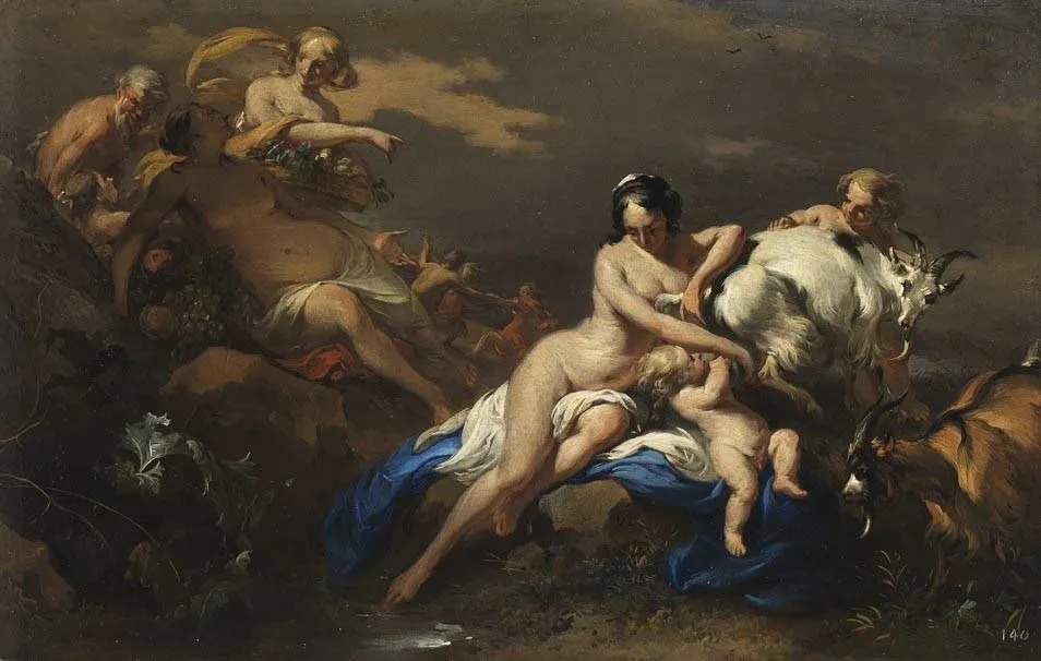 The upbringing of Jupiter, by Nicolaes Pieterszoon Berchem, oil, 1665
