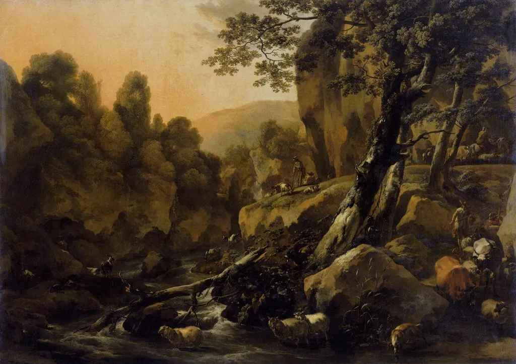 The Waterfall, by Nicolaes Pieterszoon Berchem, oil, 1665