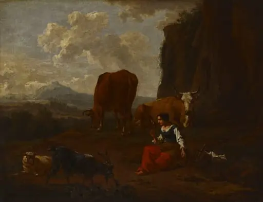 Värttinällä kehräävä nainen, by Nicolaes Pieterszoon Berchem