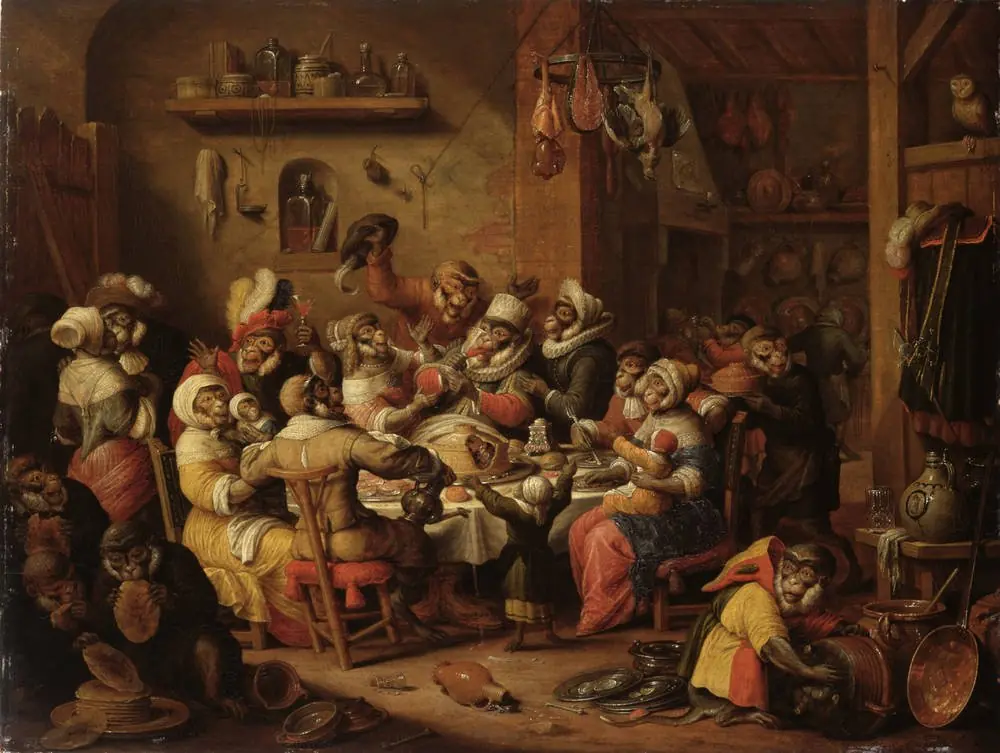 A monkey feast or The King drinks, by Nicolaes van Verendael