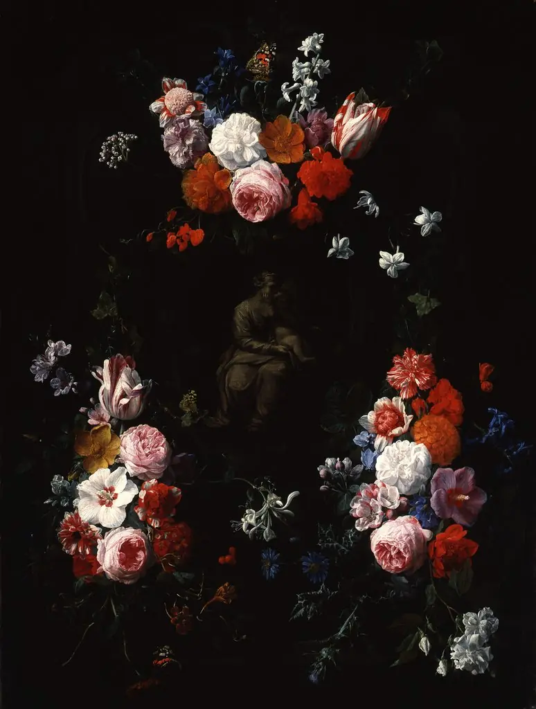 Cartouche with flowerfestoons surrounding a depiction of the Virgin mary with the Christ child, by Nicolaes van Verendael