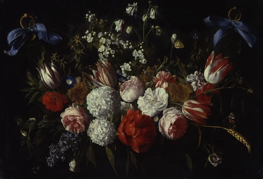 Flower garland hung with blue ribbon, by Nicolaes van Verendael
