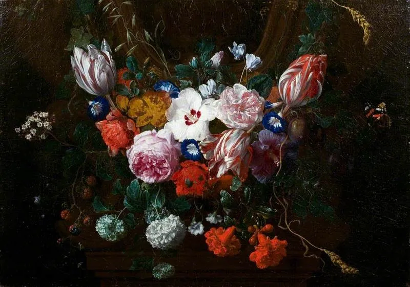 Flowers beneath a Cartouche, by Nicolaes van Verendael, oil, 1688