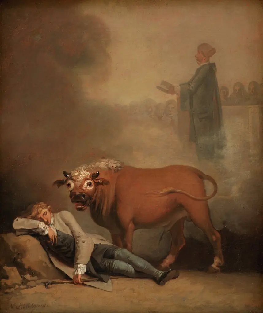 Niels Klim thinks he hears the Deacon when he is awakened by a Bull, by Nicolai Abildgaard