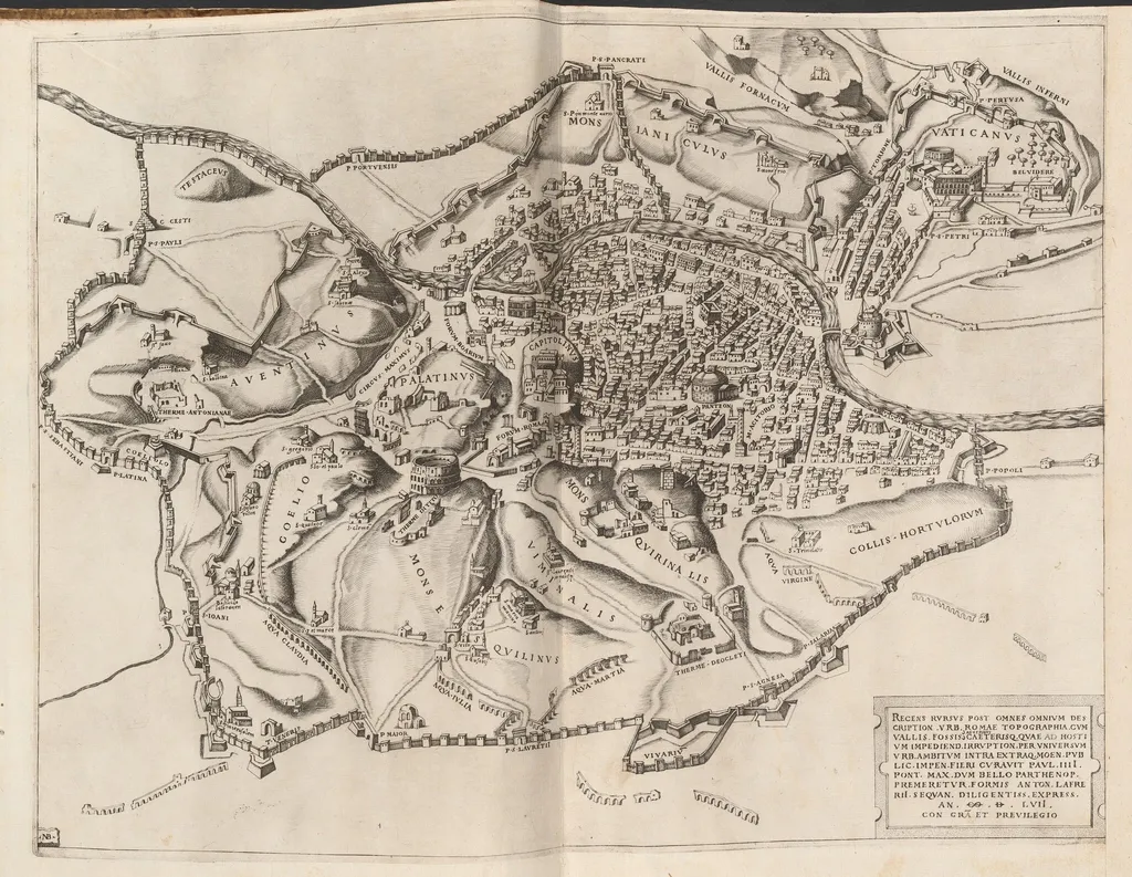 Topographical Map of Ancient Rome, by Nicolas Beatrizet, ink, 1557