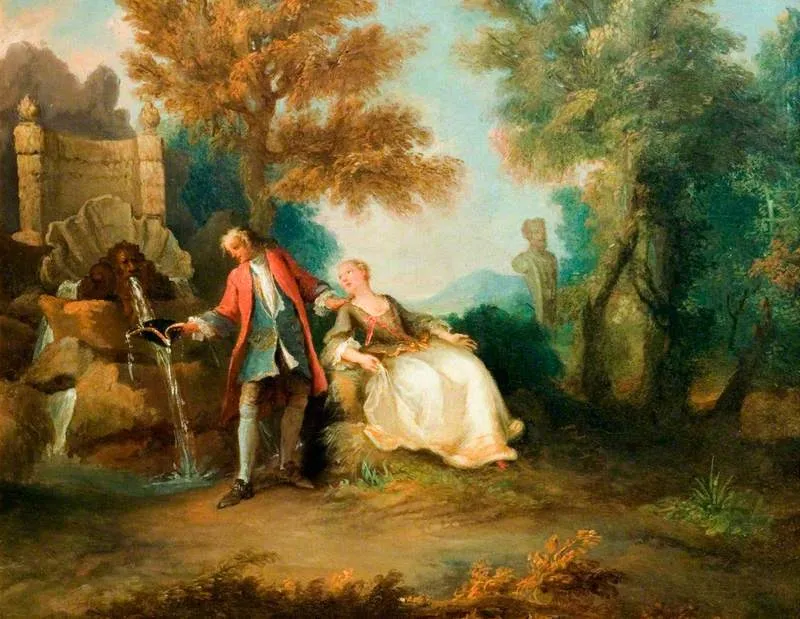Lady Seated by a Fountain, Attended by a Gallant, by Nicolas Lancret, oil, 1726
