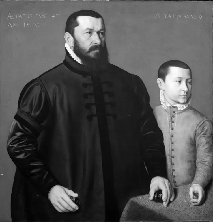 Portrait of the Nuremberg Goldsmith Hans Lencker (1523-1585) and his 9-year old son Elisius the Younger, by Nicolas Neufchatel, oil, 1570
