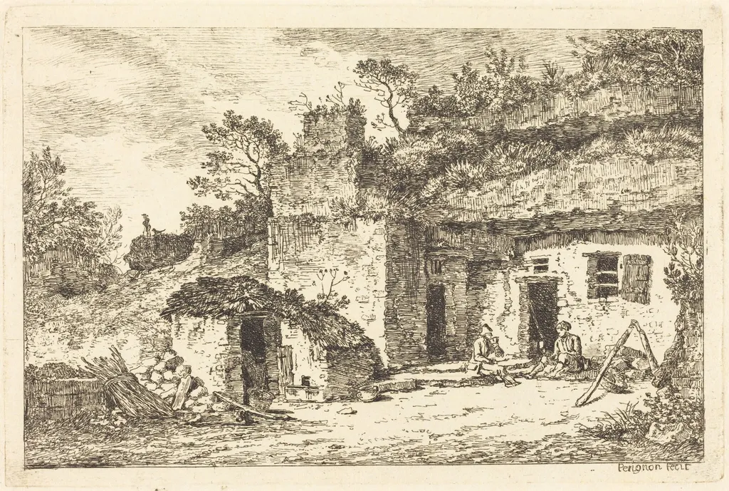 A Cottage with Two Men Seated at the Doorway, by Nicolas Pérignon, ink, 1770