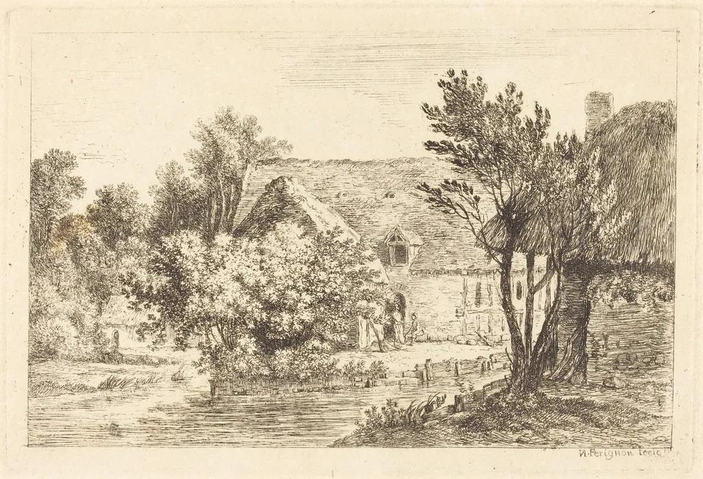A House and a Shaded Cottage on the Banks of a River, by Nicolas Pérignon, ink, 1770
