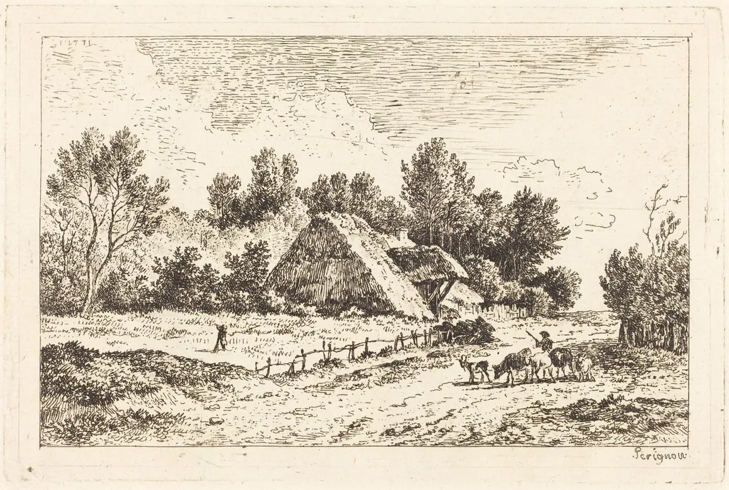 A Low Cottage with a Herdsman Leading His Flock, by Nicolas Pérignon, ink, 1771