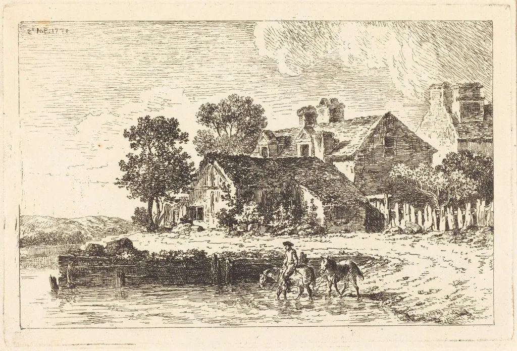 Horses Being Led to Water on a Winding Riverbank, by Nicolas Pérignon, ink, 1771