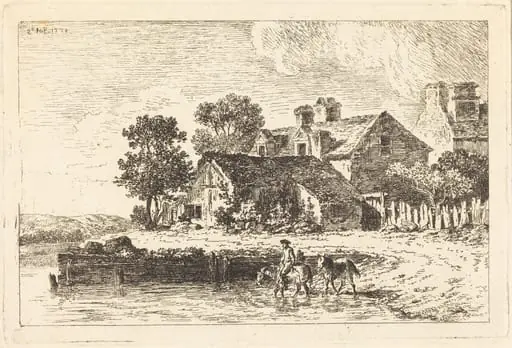 Horses Being Led to Water on a Winding Riverbank, by Nicolas Pérignon