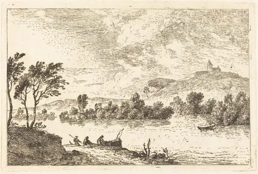 River Landscape with Figures and a Boat at Water's Edge, by Nicolas Pérignon