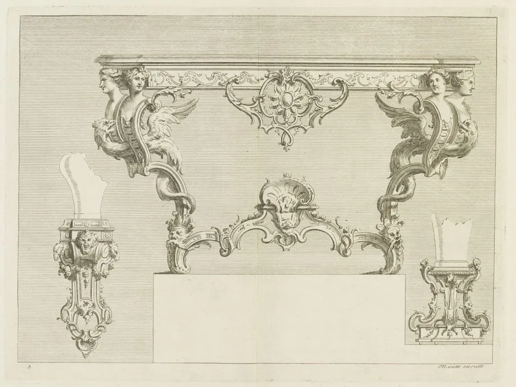 Nouveaux Desseins de Pieds de Tables et de Vases et Consoles de sculpture en bois Inventes par le sieur Pineau sculpteur, by Nicolas Pineau, 1737
