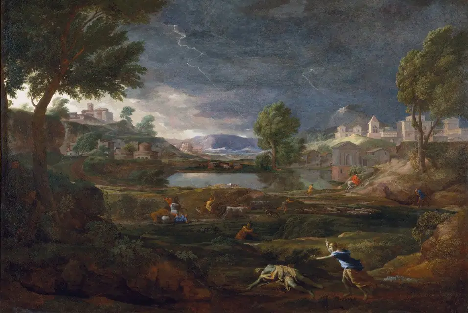 Landscape during a Thunderstorm with Pyramus and Thisbe, by Nicolas Poussin