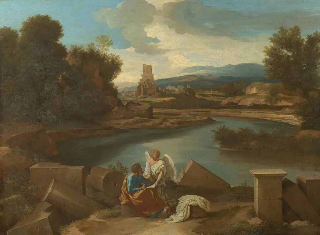 Landscape with St Matthew and the Angel, by Nicolas Poussin, oil, 1640