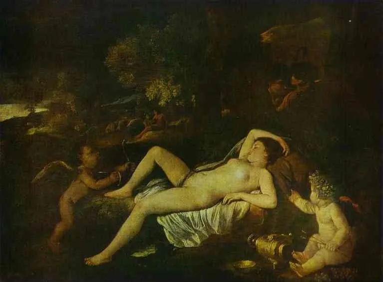 Sleeping Venus with Cupid, by Nicolas Poussin, oil, 1630