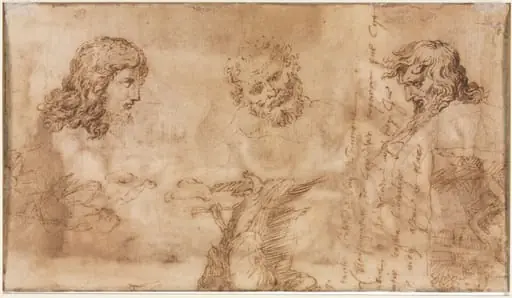 Three Heads and Other Sketches (verso), by Nicolas Poussin