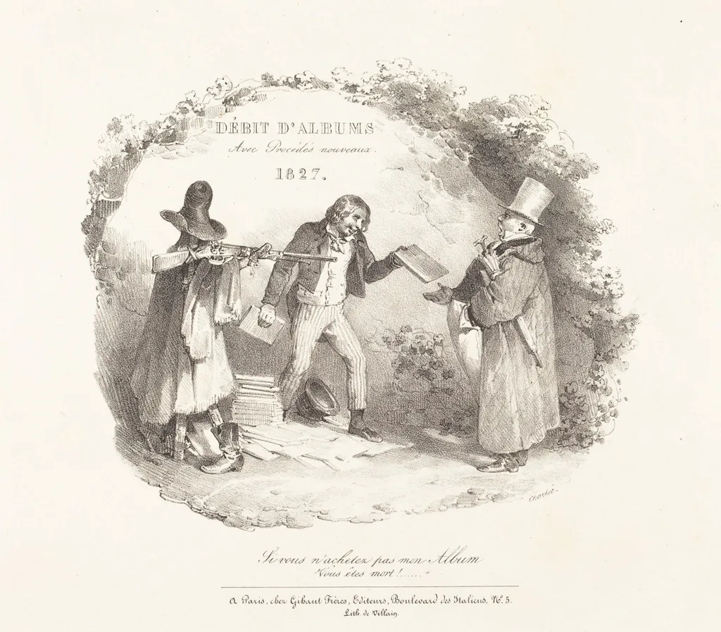 Débit d'Albums avec Procédés nouveaux (New Methods for the Sale of Lithograph Albums), by Nicolas Toussaint Charlet, ink, 1827