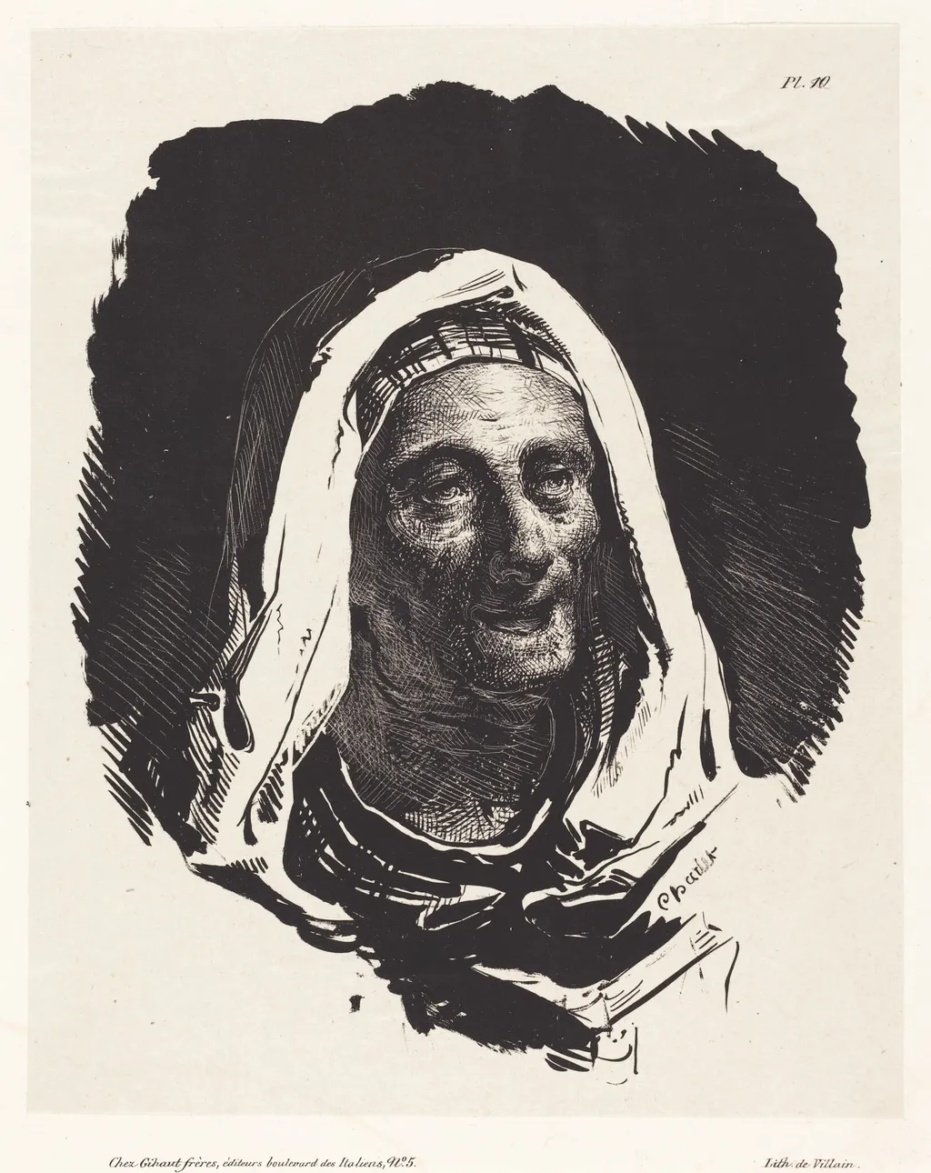 Head of an Old Woman (Tête de vielle dame), by Nicolas Toussaint Charlet, ink, 1828