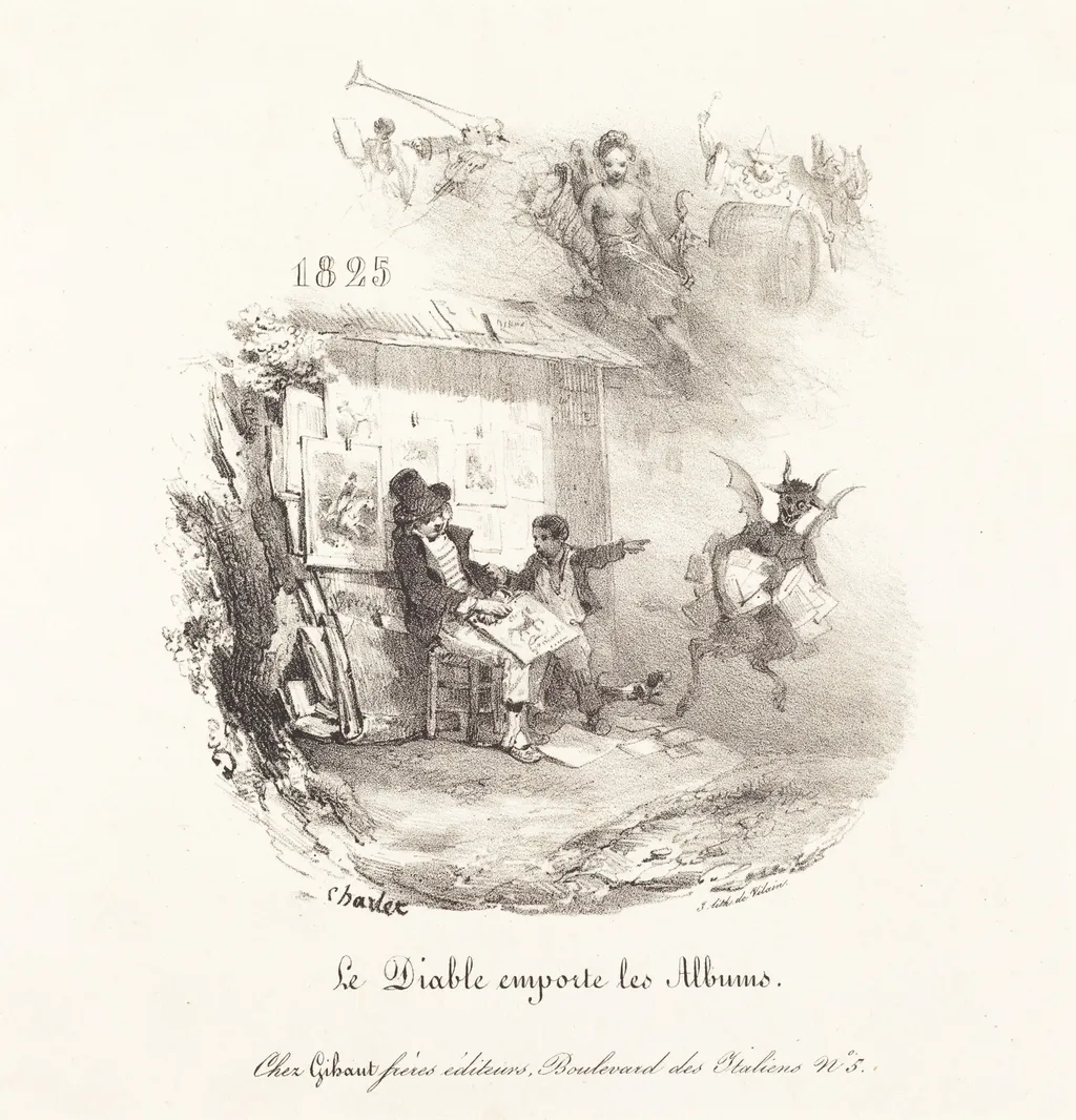 Le Diable emporte les Albums (The Devil Runs Off with the Lithograph Albums), by Nicolas Toussaint Charlet, ink, 1825