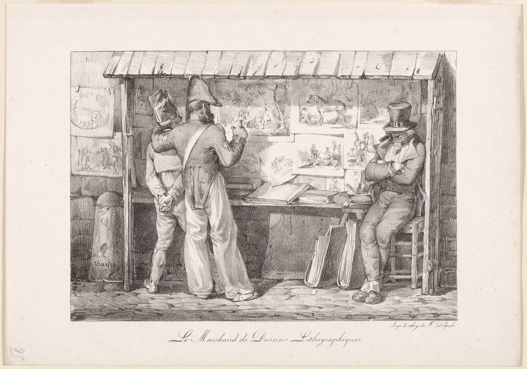 Le Marchand de dessins lithographiques (The Lithograph Seller), by Nicolas Toussaint Charlet, ink, 1819