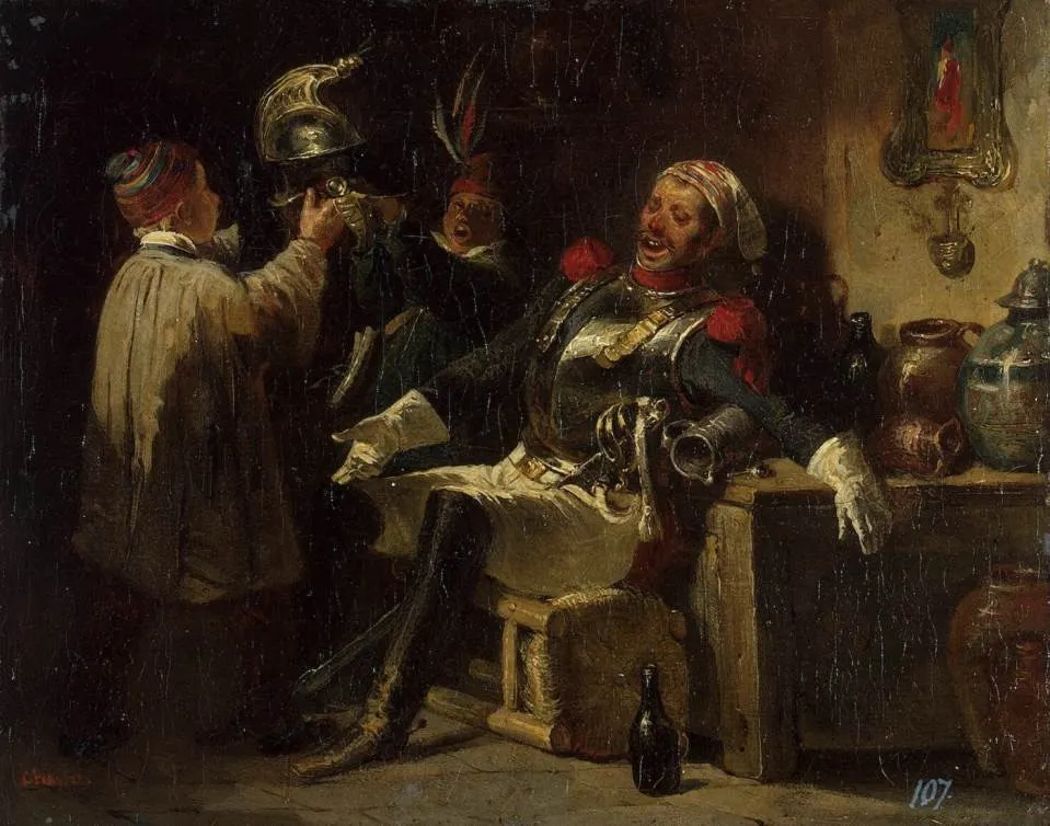 Soldier and Boys, by Nicolas Toussaint Charlet, oil, 1840