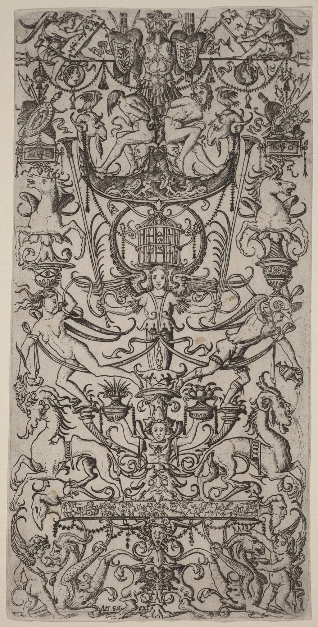 Ornament Panel with a Birdcage, by Nicoletto da Modena, ink, 1507