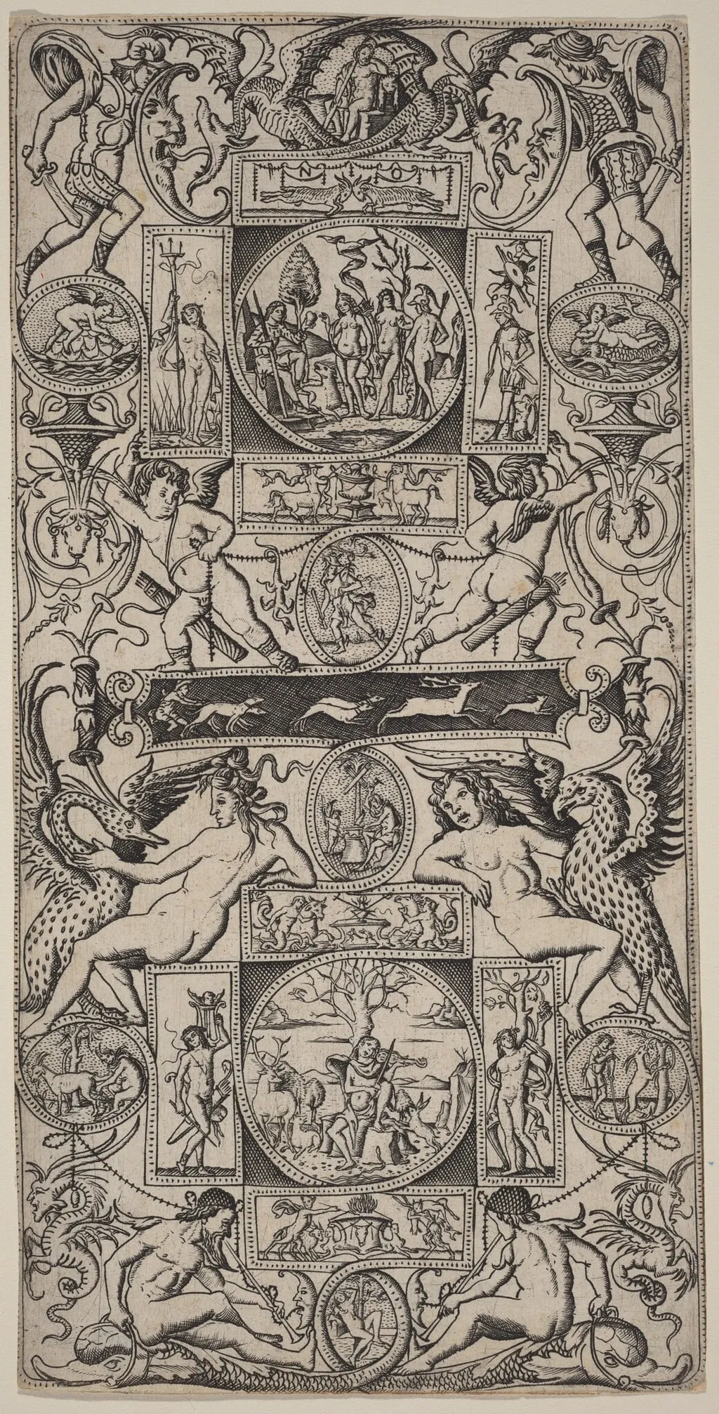 Ornament Panel with Orpheus and the Judgment of Paris, by Nicoletto da Modena, ink, 1507
