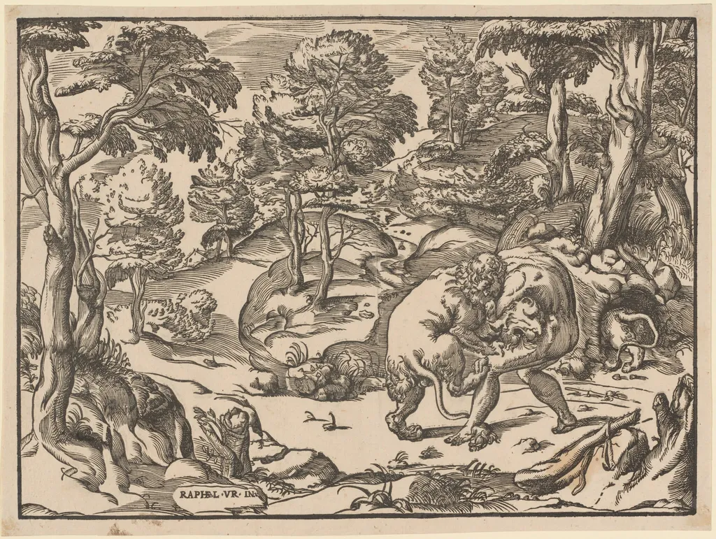 Hercules and the Nemean Lion, by Nicolò Boldrini, ink, 1566