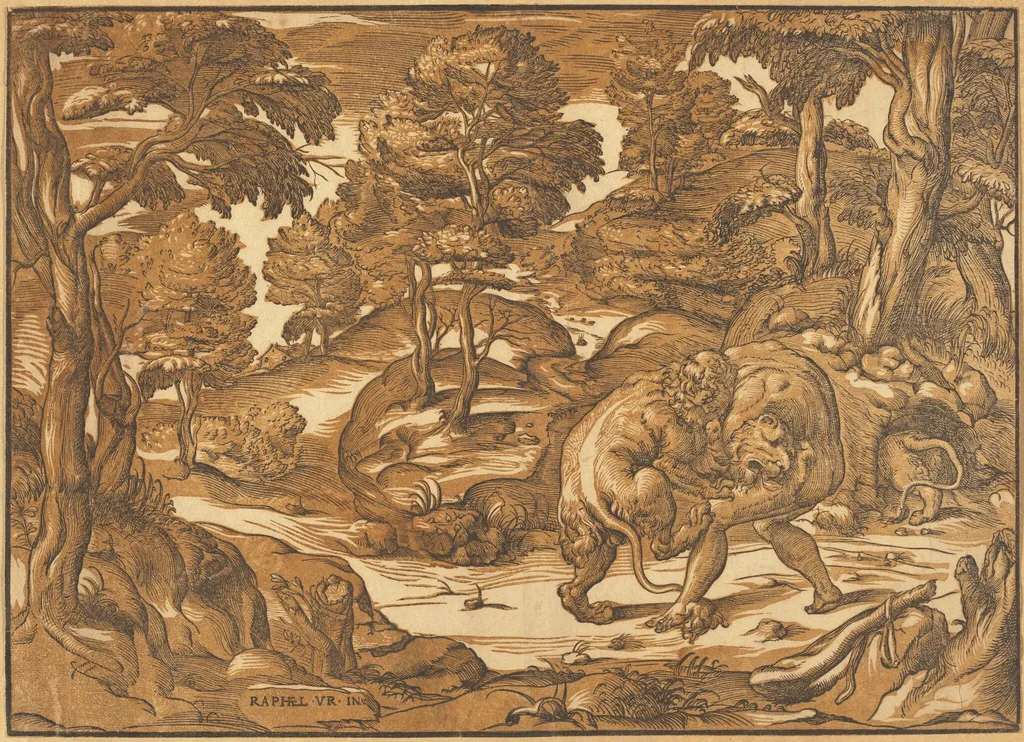 Hercules and the Nemean Lion, by Nicolò Boldrini, ink, 1566