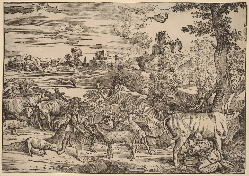 Landscape with a Milkmaid, by Nicolò Boldrini, ink, 1534