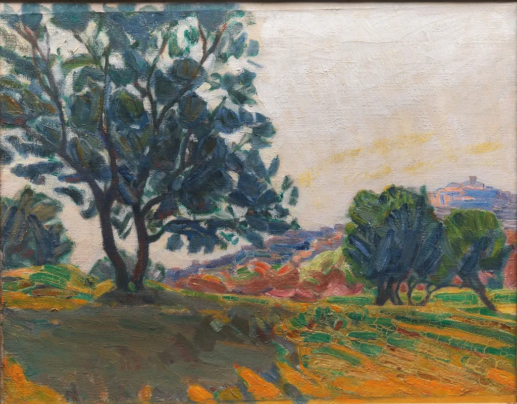 The Olive Grove. With Cagnes in the Background. Against the Light, by Niels Larsen Stevns, oil, 1923