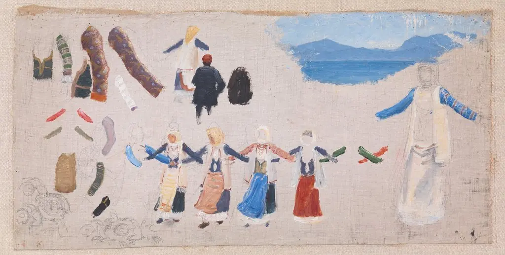 Dansende kvinder, dragtdetailler og et landskab, by Niels Skovgaard