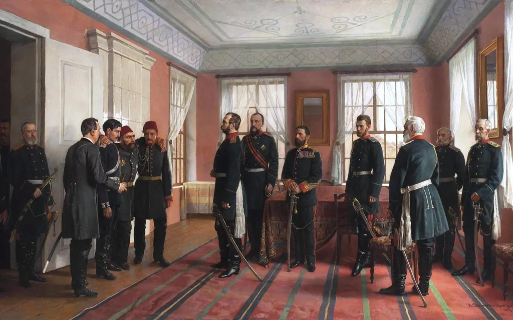 The Introduction of the Captive Osman Pasha to Alexander II at Plevna, by Nikolai Dmitriev-Orenburgsky, oil, 1894