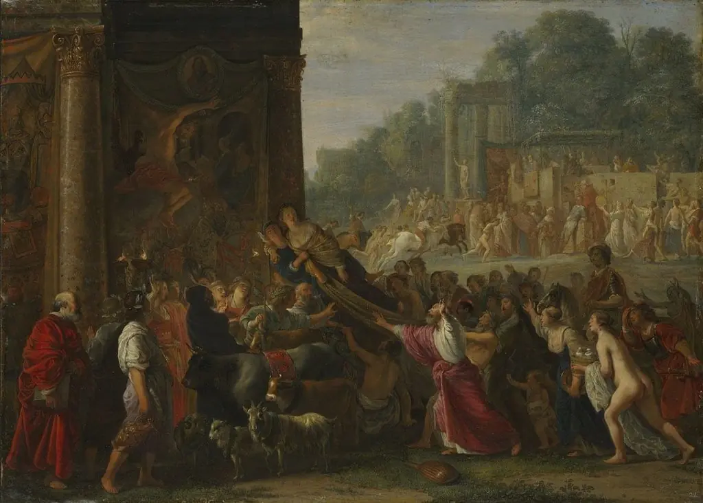 Il Contento: Mercury abducts Contento, so that Discontent remains alone on the world under mankind, by Nikolaus Knüpfer