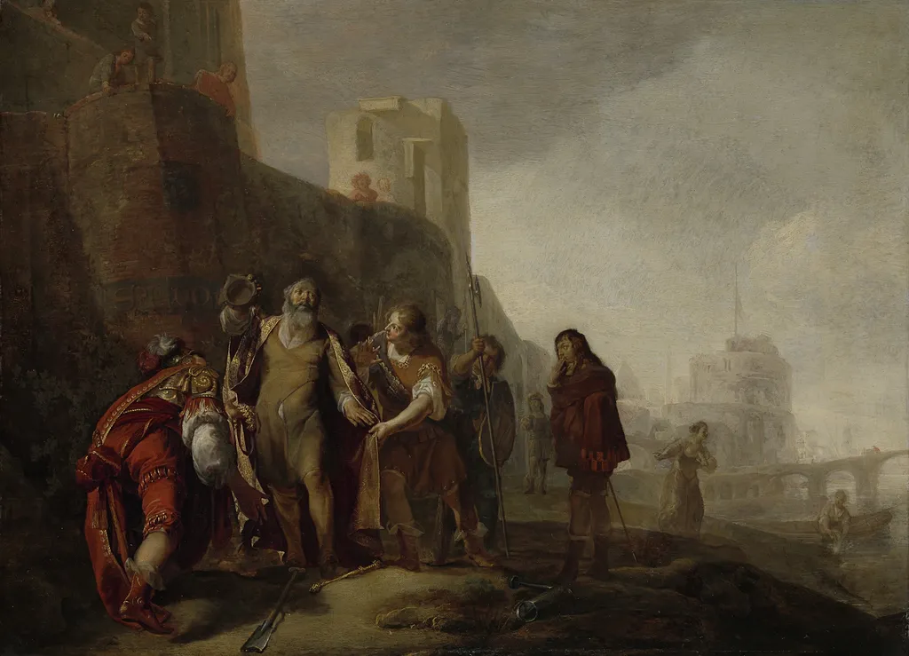 The legates of Alexander the Great investing the gardener Abdalonymus with the insignia of the kingship of Sidon, by Nikolaus Knüpfer, oil, 1639