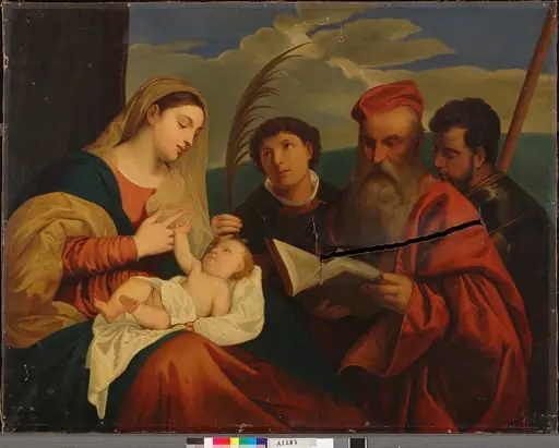 Neitsyt Maria lapsen kanssa sekä pyhäät Stefanus, Hieronymus ja Mauritius, kopio Tizianin (Tiziano Vecellio) mukaan, by Nils Jakob Olsson Blommér