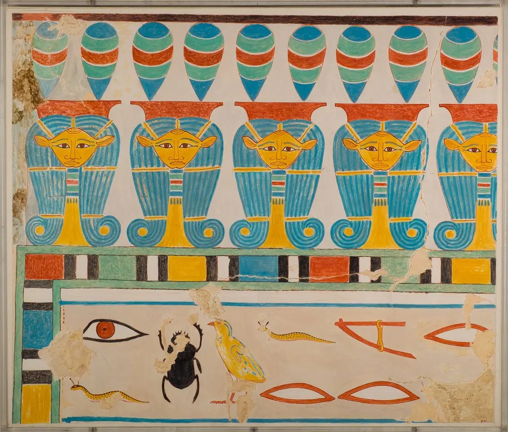 Painted Restoration of the Hathor-Head Frieze in the Tomb of Senenmut, by Nina M. Davies